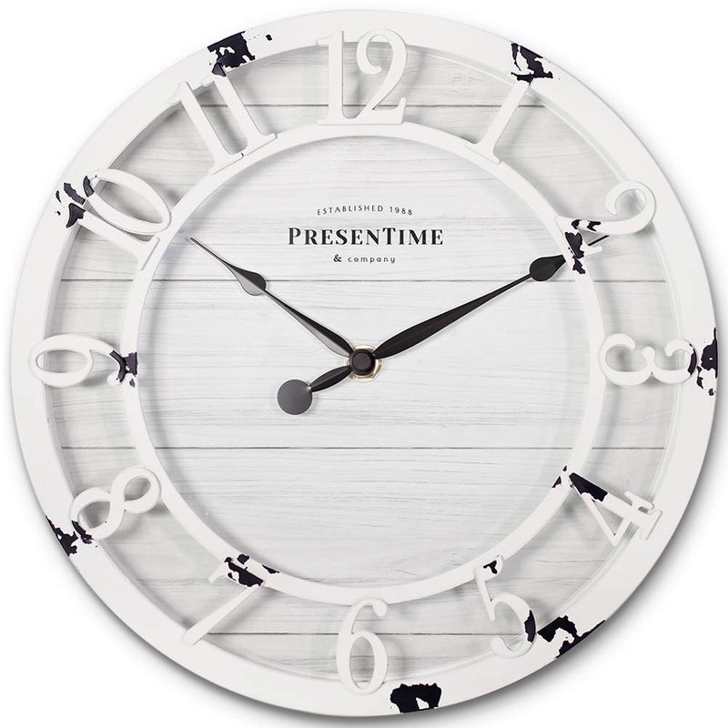 Presentime & Co 10" Farmhouse Series Wall Clock, Shiplap Style, Raised 3D Arabic Numeral, Antique Distressed White - Image 1